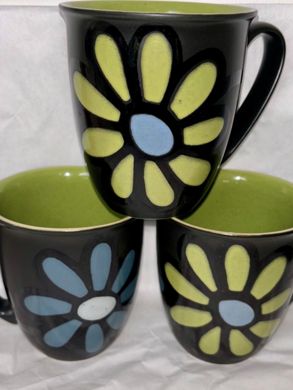 3 DENBY Mugs Jet Accent Green Blue Daisy design rare & hard to find